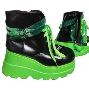 Demonia 'Shaker-52' Ankle Boots Black UV Neon Green Size 7 Alternative Goth Rave